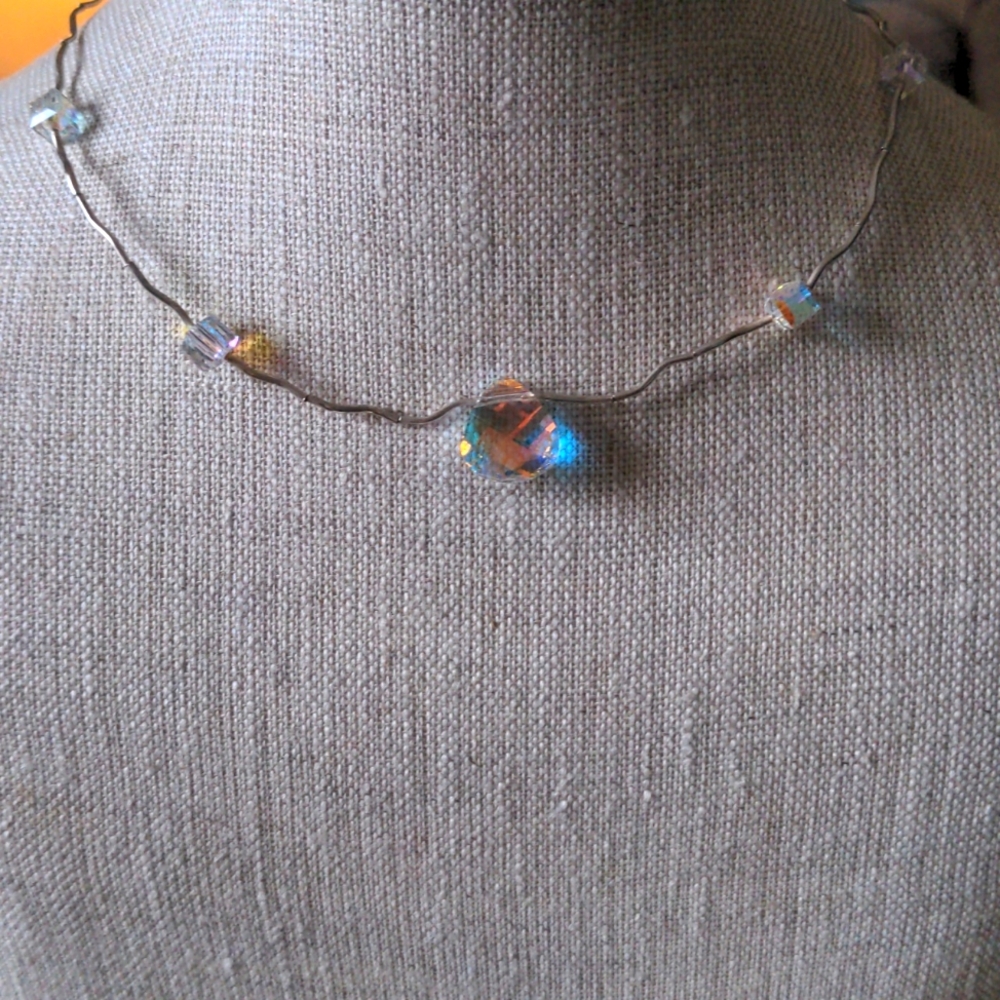 New Swarovski Crystal & sterling silver Choker Necklace  16" Aura Borealis Glow